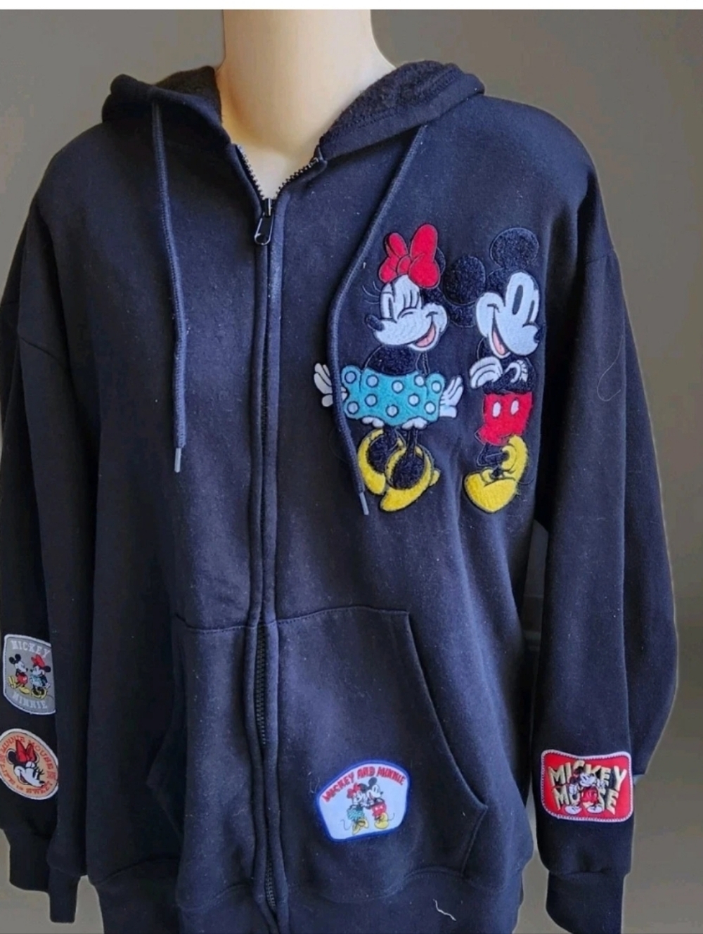Disney Mickey & Minnie Jacket Women's Size XL Black Full Zip Hoodie Patch